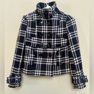Black and white plaid Kids peacoat with button-up front, collar, and cuffs